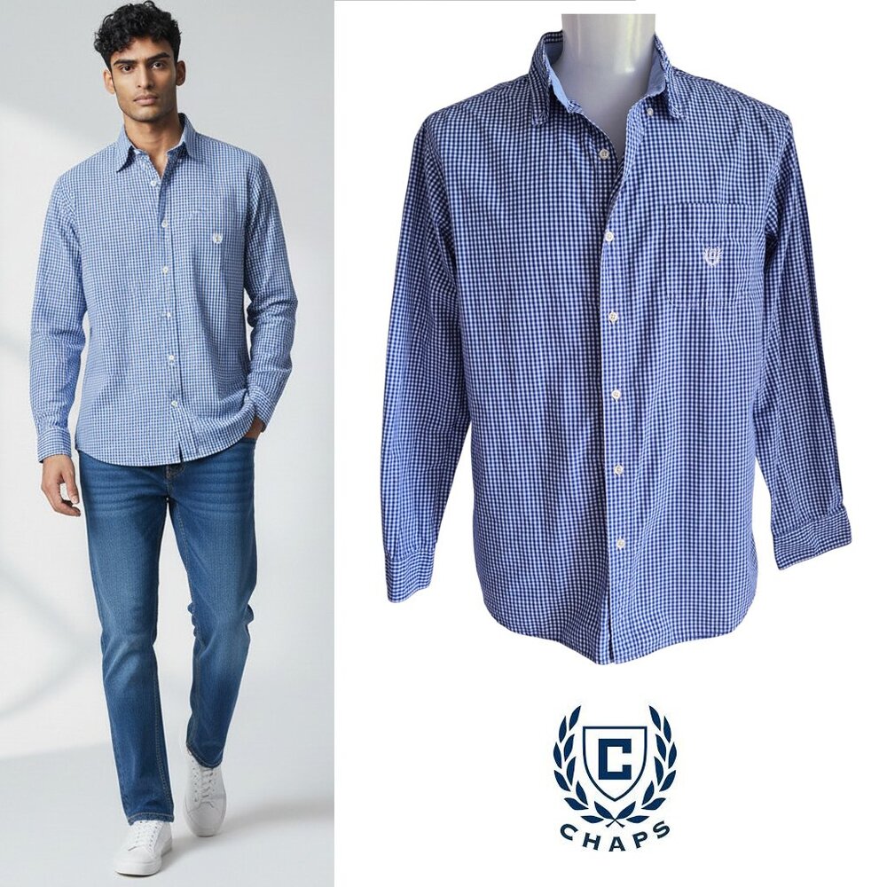 CHAPS Easy Care Blue White Checked Pattern Long Sleeve Button Down Shirt Preppy